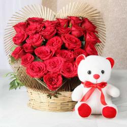 Valentine Flowers with Teddy Soft Toy - Valentine Combo of Heart Shape Arrangement of Red Rose with Teddy Bear