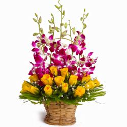 Basket of Yellow Roses with Purple Orchids