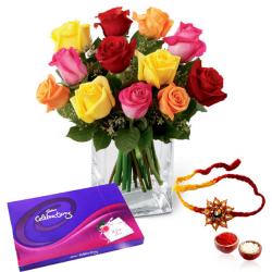 Rakhi With Flowers - Colorful Roses and Celebration Chocolate Pack with Rakhi