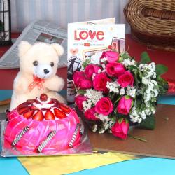 Valentine Flowers with Teddy Soft Toy - Suprise Gift for Valentine