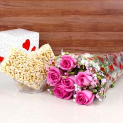 Makar Sankranti - Murmura Jaggery Chikki with Six Pink Roses Hand Bouquet