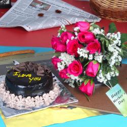 Chocolate Cake with Pink Roses Bouquet for Mothers Day Gift Online