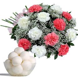 Pongal - Rasgulla with 12 Carnations Bouquet