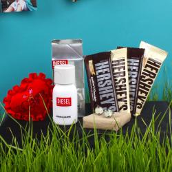 Valentine Romantic Hampers For Him - Hersheys Chocolate with Cufflink Diesel Perfume and Love Small Heart