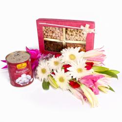 Send Stylish Bouquet of Mix Flowers with Rasgulla and Assorted Dry Fruits To Mira Road