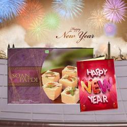 New Year Midnight Special Gifts - Soan Papdi Sweets and New Year Greeting Card