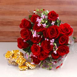 Makar Sankranti - Bengal Gram Chikki with Red Roses Bouquet