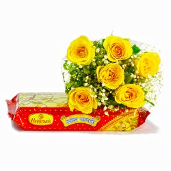 Six Yellow Roses Bouquet with 500 Gms Soan Papdi