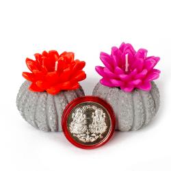 Diwali Candles - Silver Plated Lakshmi Ganesha Coin and Two Candles in Pottery Container