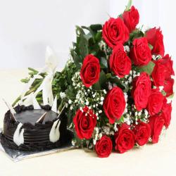 Dark Chocolate Cake with Eighteen Red Roses Bouquet