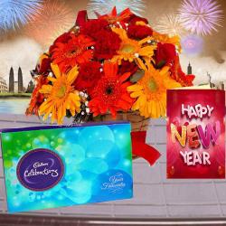 Cadbury Celebration Chocolates with Mix Flowers Basket and New Year Card