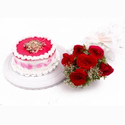 Eggless Strawberry Cake with Bunch of Six Red Roses