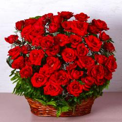 Heart Shape Arrangement - Basket of Fifty Red Roses