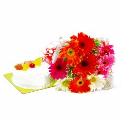 Flowers and Cake for Him - Ten Mix Color Gerberas Bunch with Pineapple Cake
