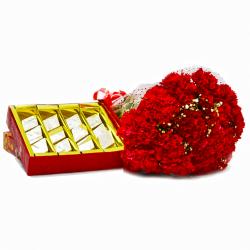 Send Red Carnations Bunch with Box of Kaju Katli To Navsari