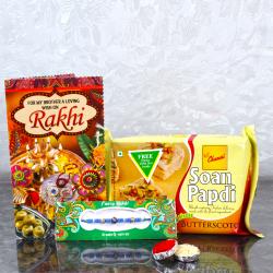 Rakhi With Cards - Exclusive Color Beads Rakhi with Soan Papdi and Rakhi Card