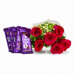 Chocolates Same Day Delivery - Bunch of Six Red Roses with Bars of Cadbury Dairy Milk Chocolates