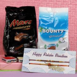 Rakhi With Chocolates - Rakhi Gift of Mars and Bounty Chocolates and Two Rakhi