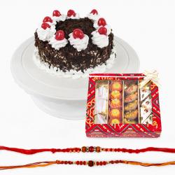 Rakhi With Cakes - Assorted Sweets with Set Of Two Rakhi and Black Forest Cake