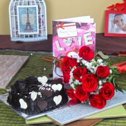 Valentine Heart Shaped Cakes - Heart Shape Chocolate Cake with Red Roses Bouquet and Love Greeting Card