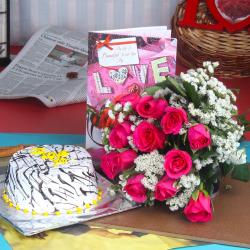 Valentine Flowers with Cake - Vanilla Cake with Pink Roses Bouquet and Love Card