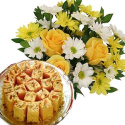 Flowers with Sweets - Bright Flowers with Soan Papdi