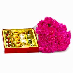 Send Bouquet of  Fifteen Pink Carnations with Box of Assorted Sweets To Bhubaneshwar