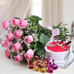 Flowers with Chocolates - Home Made Chocolates with Roses and Cake