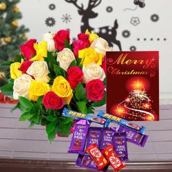 Indian Assorted Chocolate Hamper with Christmas Card and Mix Roses Bouquet