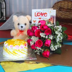 Valentine Flowers with Teddy Soft Toy - Pineapple Cake Treat and Fresh Flowers Teddy with Teddy Bear