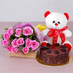 Bhai Dooj Return Gifts for Sister - Choco Chips Cake with Teddy Bear and Pink Roses Bouquet