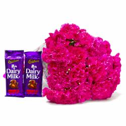 Flower Hampers for Her - Perfect Pink Carnations Bouquet and Cadbury Dairy Milk Fruit N Nut Chocolate Bars