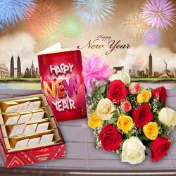 New Year Midnight Special Gifts - Roses Bouquet with Kaju Katli Sweets and New Year Card