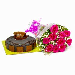 Flowers and Cake for Her - Anniversary Gift Combo of Ten Pink Roses Bouquet with Cake