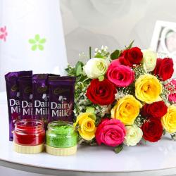 Holi Colors and Sprays - Mix Roses with Dairy Milk Chocolates and Holi Colors