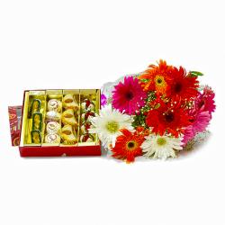 Send Bunch of Mix Gerberas with Box of One Kg Assorted Sweets To Jalandhar