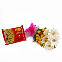 Send Bunch of Yellow Roses and White Gerberas with Pack of Soan Papdi Sweets To Junagadh