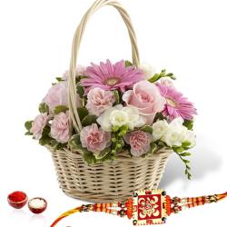 Zardosi Rakhis - Flowers Basket Arrangement with Rakhi