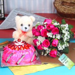 Mothers Day Gifts to Dehradun - Twelve Pink Roses and Cute Teddy with Strawberry Cake for Mothers Day