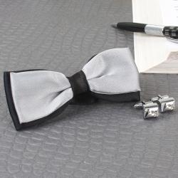 Bhai Dooj Gift Ideas - Micro Jacquard Bow Tie with Silver Cufflink