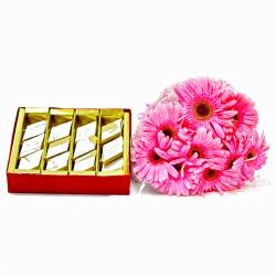Kaju Katli - Bouquet of Ten Pink Gerberas with Box of Kaju Katli