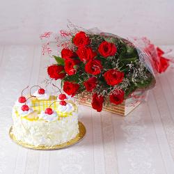 Flowers for Men - Dozen Red Roses with Half Kg Pineapple Cake