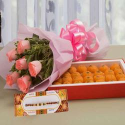 Rakhi With Sweets - Delicious Motichoor Ladoo with Roses Bouquet and Rakhi