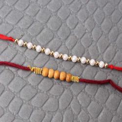 Set Of 2 Rakhis - Artificial Pearl and Wooden Rakhi