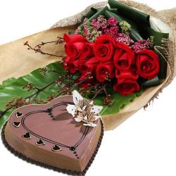 Flowers and Cake for Him - Red Rose With Chocolate Cake
