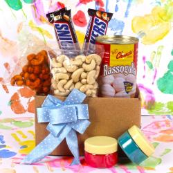 Holi Colors and Sprays - Assorted Cashew and Rasgulla Combo Including Snickers Chocolate with Herbal scented holi colors