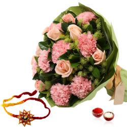 Zardosi Rakhis - Roses and Carnation Bouquet with Rakhi