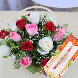 Pearl Rakhis - Basket of Mix Color Roses with Rakhi