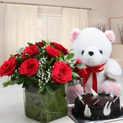 Chocolate Cake with Teddy Bear and Red Roses